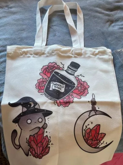 Cute Cat Witch Magic Print Reusable Shopping Tote Bag Canvas Tote Shoulder Bag Aesthetic Casual E-Girl Kawaii Korean Japanese Harajuku