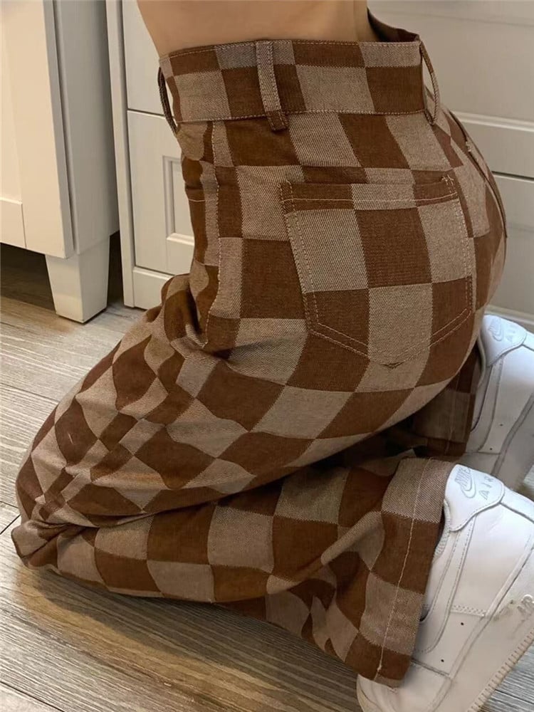 Brown Checkered High Waist Wide Leg Pants