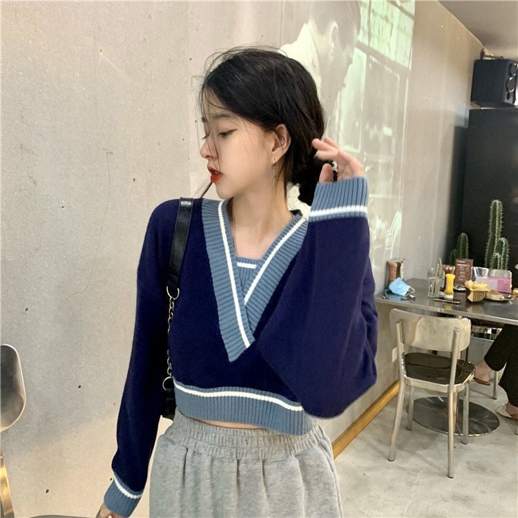 Panelled V Neck Cropped Loose Long Sleeve Jumper
