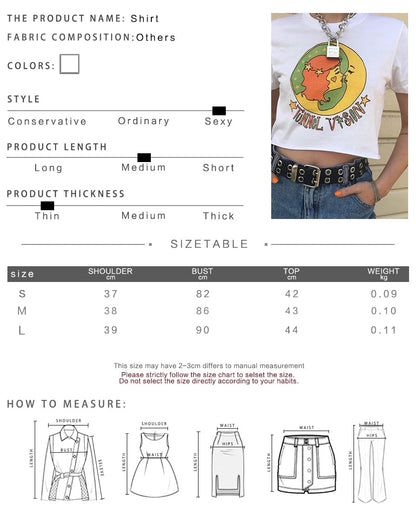 Cute White Girl Cartoon Moon Star Casual Crop Short Sleeve Shirt Tee T-shirt E-Girl Kawaii Korean Japanese Harajuku Chinese Retro Streetwear Aesthetic