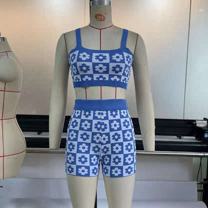 Blue Flower Checkboard Tank Top + Shorts