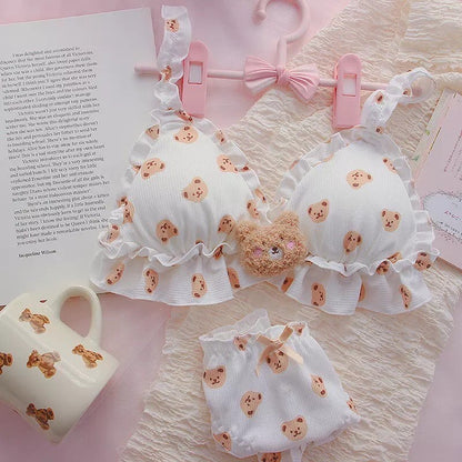 Teddy Bear Push Up Bra + Panty Set Underwear Lingerie Bralette Summer Aesthetic Casual E-Girl Kawaii Korean Japanese Harajuku