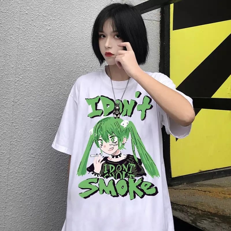 Anime Girl Smoke Cartoon Print Loose Oversized Short Sleeve T-shirt Top Summer Causal Goth Punk E-Girl Kawaii Korean Japanese Harajuku Streetwear