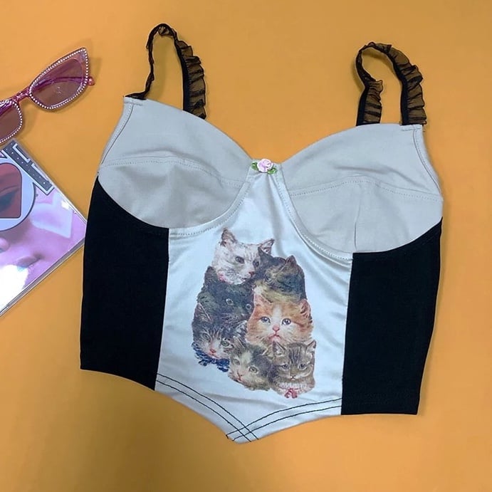 Cute Cat Graphic Vintage Lace Spaghetti Strap Crop Top Shirt Tee T-shirt E-Girl Kawaii Korean Japanese Harajuku Chinese Retro Streetwear Aesthetic