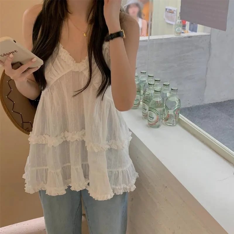 White Ruffle Spaghetti Strap Tank Top