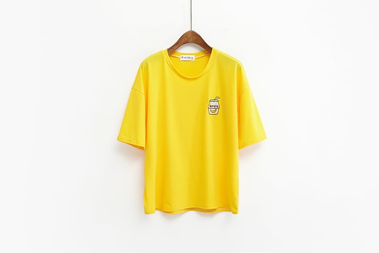Cute Summer Banana Milk Drink Embroidery Yellow White Casual Short Sleeve Tee Shirt T-shirt Top E-Girl Kawaii Korean Japanese Harajuku Streetwear