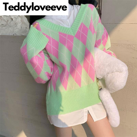 Green & Pink Lattice V Neck Sweater