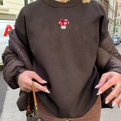 Cute Brown Mushroom Embroidery 90s Vintage Crew Neck Sweater Sweatshirt Hoodie Long Sleeve Aesthetic E-Girl Kawaii Korean Japanese Harajuku Streetwear