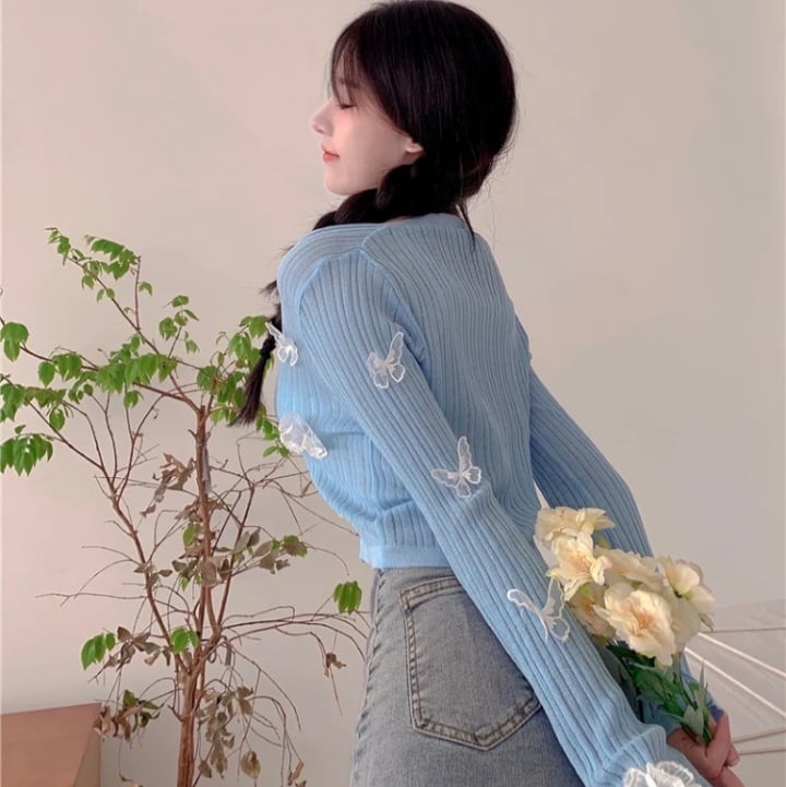Cute Sweet Butterfly Knit Cardigan V Neck Crop Top Thin Long Sleeve T-shirt Vintage Aesthetic Casual Summer E-Girl Kawaii Korean Japanese Harajuku