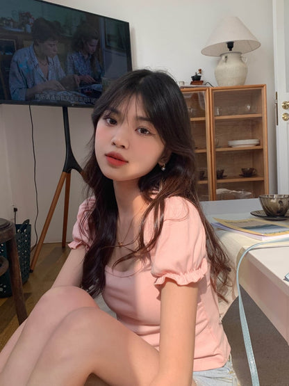 Pink Puff Sleeve Square Collar Top