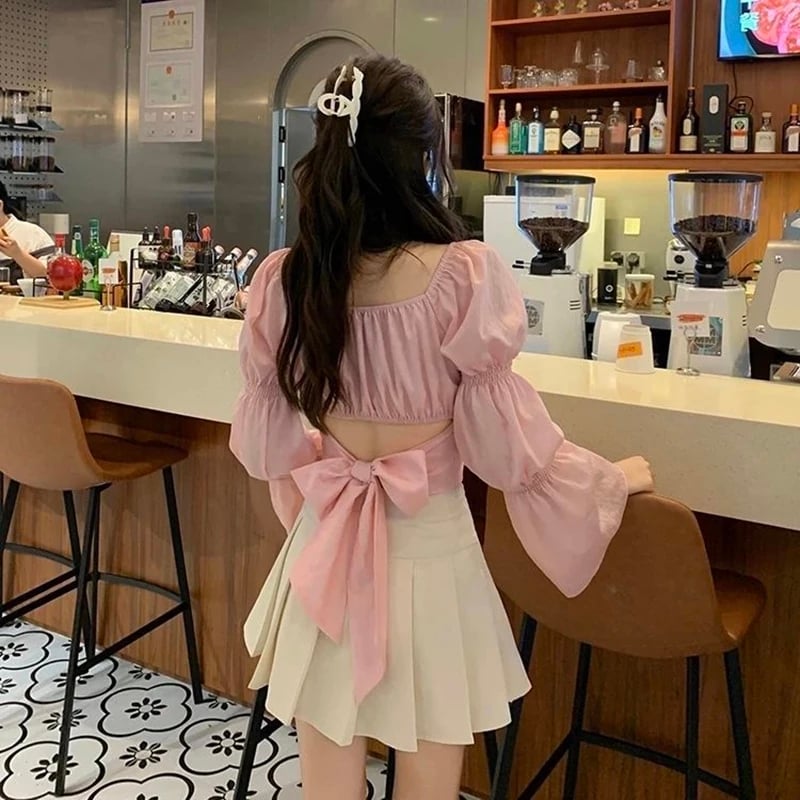 Cute Pink Back Puff Sleeve French Bow Bandage Long Sleeve Shirt Blouse Crop Top Square Neck Aesthetic Casual E-Girl Kawaii Korean Japanese Harajuku
