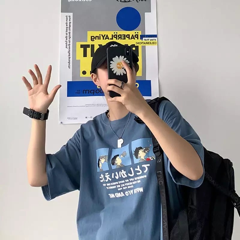 Cute Anime Boy Print Cartoon Oversized Loose Short Sleeve Shirt T-shirt Top Tee Summer Casual E-Girl Kawaii Korean Japanese Harajuku Streetwear
