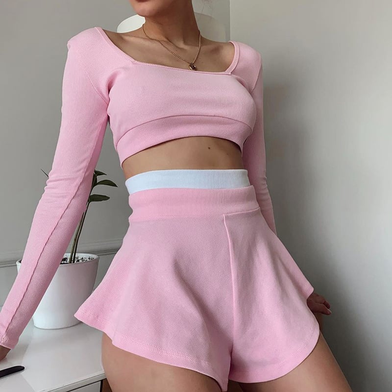 2PCS Pink Patchwork Long Sleeve Shirt + Shorts