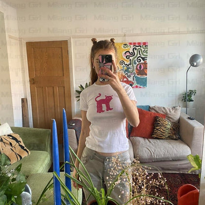 Cat Print Crew Neck Crop Top