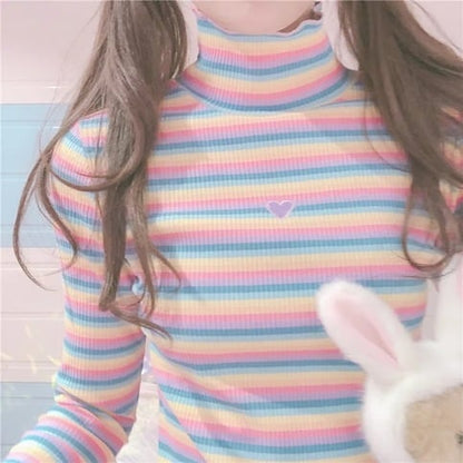 Cute Heart Sweet Rainbow Pastel Turtleneck Stripe Knit Long Sleeve Shirt Top Pullover Sweater E-Girl Kawaii Korean Japanese Harajuku Retro Streetwear