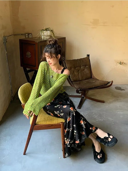 Green Hollow Out Oversized Smock