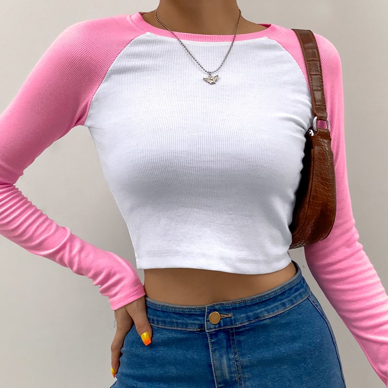 Cute Color Contrast Patchwork Crop Top Long Sleeve Shirt TeeT-shirt Casual Autumn E-Girl Kawaii Korean Japanese Harajuku Streetwear
