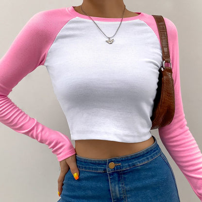Cute Color Contrast Patchwork Crop Top Long Sleeve Shirt TeeT-shirt Casual Autumn E-Girl Kawaii Korean Japanese Harajuku Streetwear