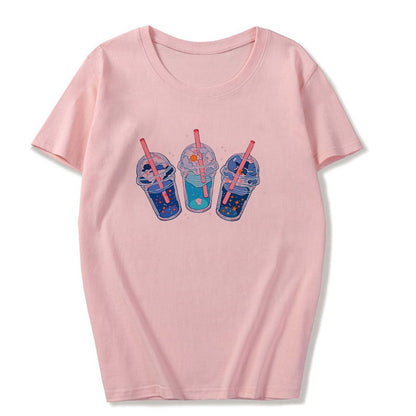 Cute Pink Milkshakes Drink Summer Pastel Print Short Sleeve Shirt Tee T-shirt E-Girl Kawaii Korean Japanese Harajuku Retro Streetwear Aesthetic