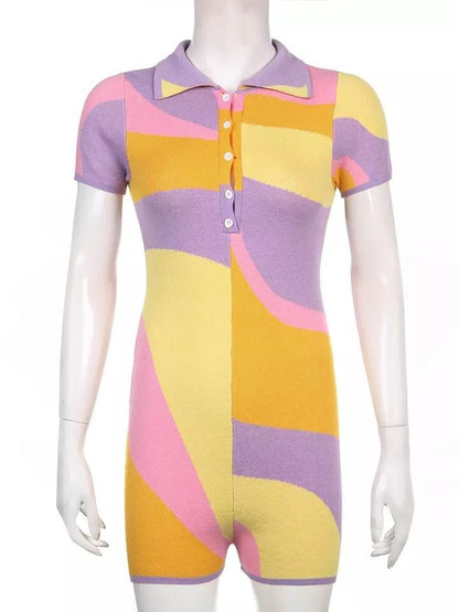 Abstract Colorful Patchwork Print Button Up Short Sleeve Romper Bodycon Bodysuit Summer Aesthetic Casual E-Girl Kawaii Korean Japanese Harajuku
