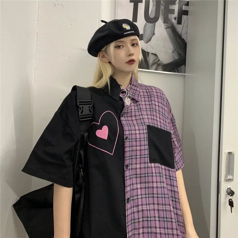 Cute Heart Pocket Plaid Patchwork Vintage Blouse Short Sleeve T- Shirt Top Aesthetic Casual Summer E-Girl Kawaii Korean Japanese Harajuku