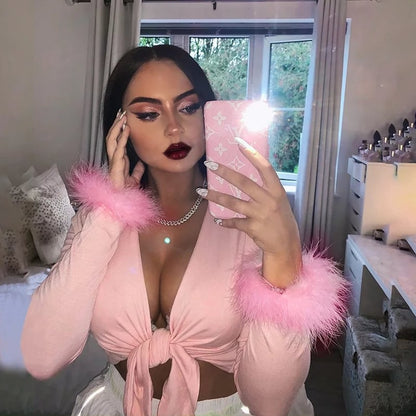 Cute Sexy Pink Cotton Cross Bow Tie V Neck Crop Top Long Sleeve Shirt Top Fur Club Part Summer Aesthetic Casual E-Girl Kawaii Korean Japanese Harajuku