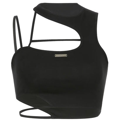 Cute Sexy Black Strappy Hollow Out Tank Crop Top Sleeveless Shirt Punk Goth Summer Aesthetic Casual E-Girl Kawaii Korean Japanese Harajuku