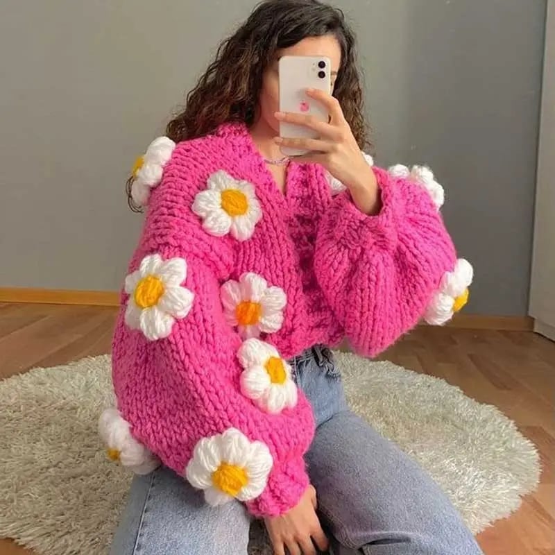 3D Flower Crochet Knit Cardigan