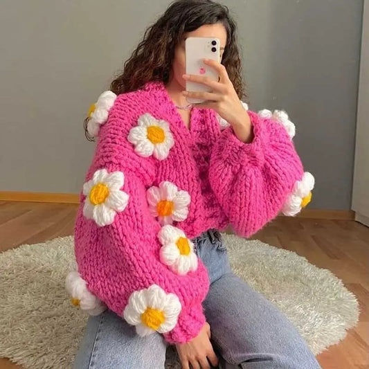 3D Flower Crochet Knit Cardigan