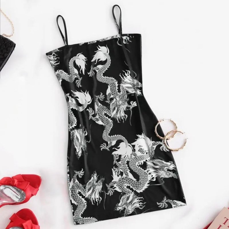 Cute Sexy Dragon Print Sleeveless Split Club Bodycon Mini Dress Party E-Girl Kawaii Korean Japanese Harajuku Chinese Retro Streetwear Aesthetic