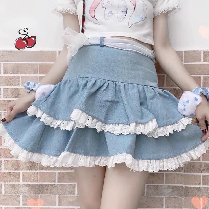Blue Ruffle Lace Patchwork Mini Skirt