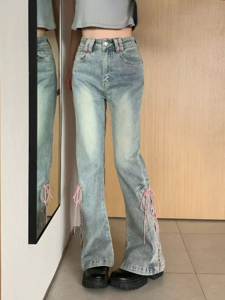 Pink Lace Up Bow Flare High Waist Jeans