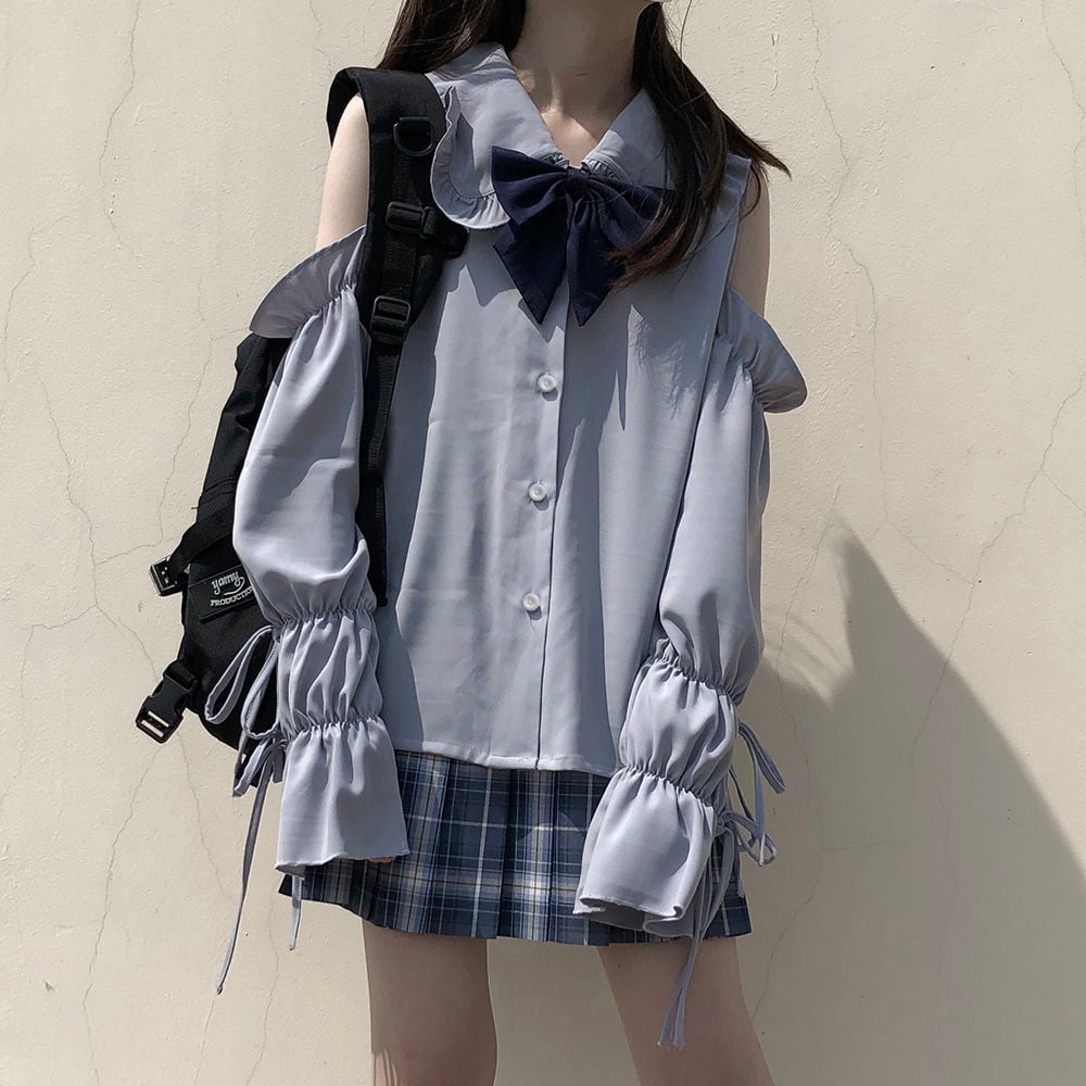 Blue Peterpan Collar Bow Lantern Long Sleeve Shirt