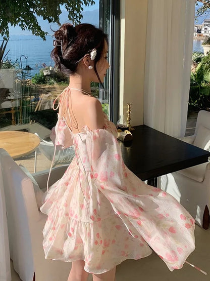 Rose Watercolor Off Shoulder Puff Sleeve Dress