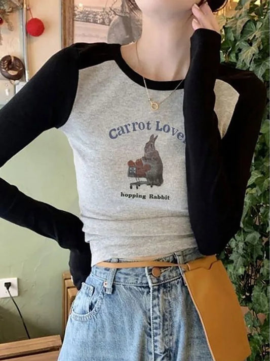 Rabbit Graphic Print Patchwork Long Sleeve Shirt