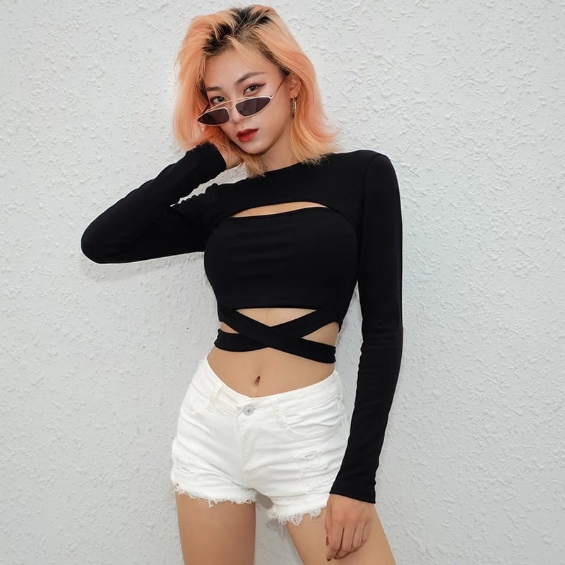 Cute Black Criss Cross Bandage Hallow Out Long Sleeve T-shirt Crop Top Summer Aesthetic Casual E-Girl Kawaii Korean Japanese Harajuku