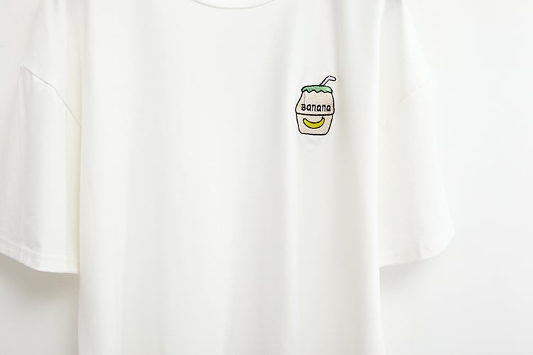 Cute Summer Banana Milk Drink Embroidery Yellow White Casual Short Sleeve Tee Shirt T-shirt Top E-Girl Kawaii Korean Japanese Harajuku Streetwear