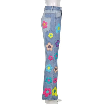 Cute Vintage Flower Patchwork High Waisted Denim Jean Trouser Pants Indie Punk Aesthetic Casual Summer E-Girl Kawaii Korean Japanese Harajuku