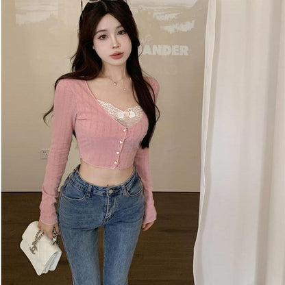 Heart Button Lace Knit Long Sleeve Shirt