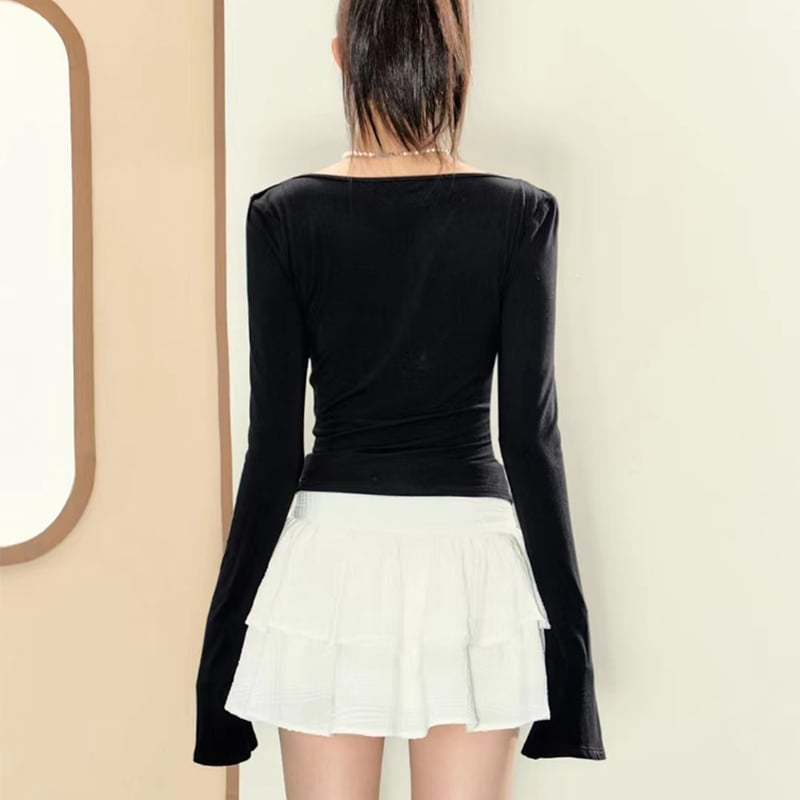 2PCS Long Sleeve Square Collar Top + Mini Tierred Ruffle Skirt