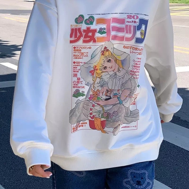 White Vintage Anime Girl Cartoon Print Graphic Long Sleeve Sweatshirt Sweater Pullover Jumper Causal E-Girl Kawaii Korean Japanese Harajuku Streetwear