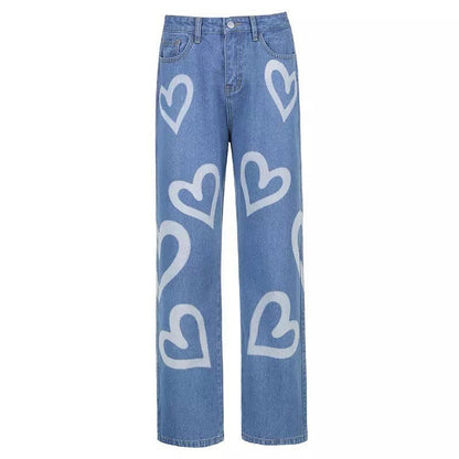 Cute 90s Vintage Heart Print Baggy Mom Jeans Denim High Waisted Trousers Pant Aesthetic Summer Party E-Girl Kawaii Korean Japanese Harajuku Streetwear