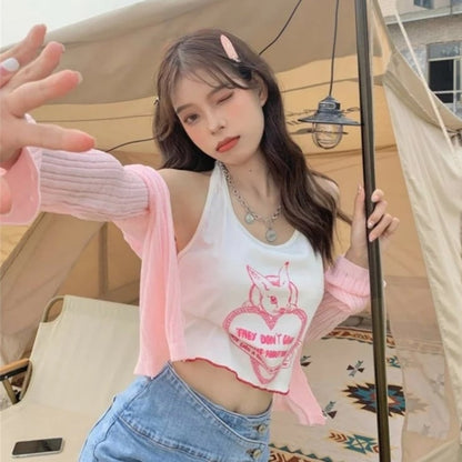 Bunny Rabbit Embroidery Print Wrap Halter Crop Top