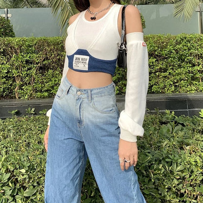Cute Patchwork Letter Label T-shirt Separate Sleeve Crop Top Bodycon Streetwear Summer Aesthetic Casual E-Girl Kawaii Korean Japanese Harajuku