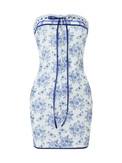 Blue Floral Tie Up Strapless Mini Dress