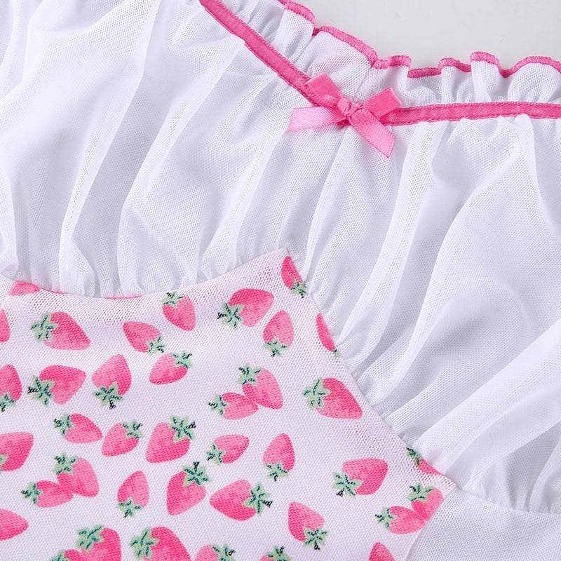 Cute Strawberry Milkmaid Patchwork Frill Ruched Mesh Crop Top Sleeveless Shirt Summer Aesthetic E-Girl Kawaii Korean Japanese Harajuku Streetwear