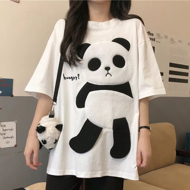 Cute Panda Bear Fleece Hungry Casual Summer Oversized Short Sleeve Tee Shirt T-shirt Top E-Girl Kawaii Korean Japanese Harajuku Streetwear