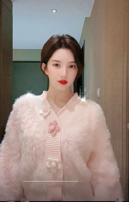 Fluffy Flower Button Cardigan