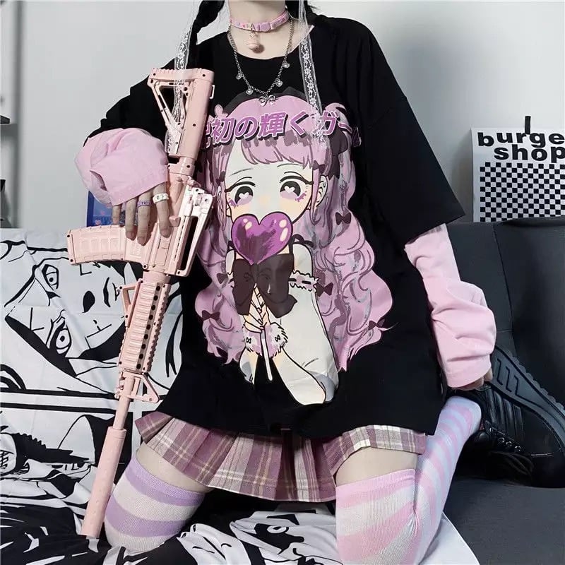 Cute Aesthetic Black Anime Girl Cartoon Print Short Sleeve Shirt Oversized Loose T-shirt Top Goth E-Girl Kawaii Korean Japanese Harajuku Streetwear