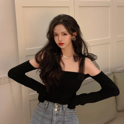 Black Bow Off Shoulder Mesh Sweater